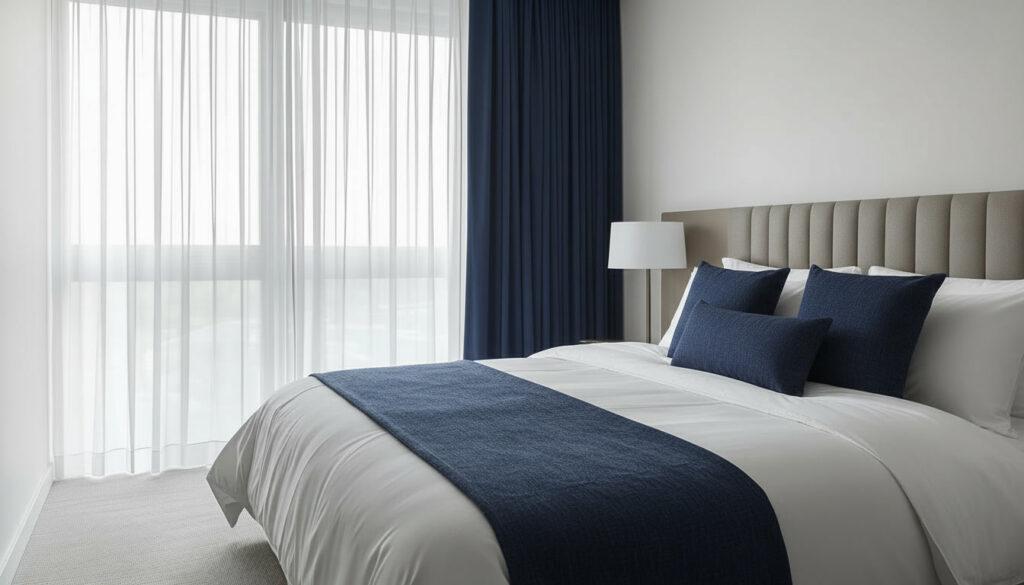 hotel bedroom with white bed linen
